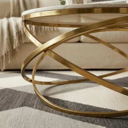 Luxury Stig 80cm Gold Round Coffee Table With Cream Sintered Stone Top