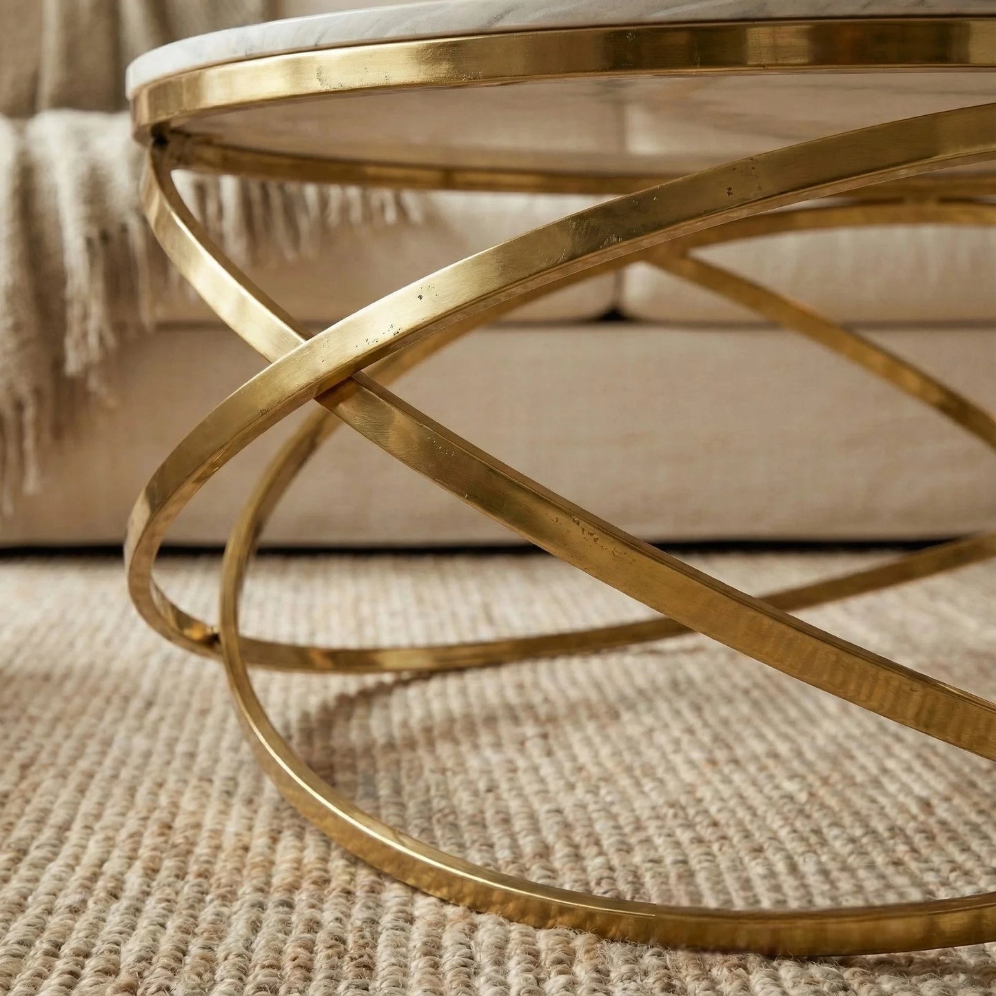 Luxury Stig 80cm Gold Round Coffee Table With Cream Sintered Stone Top