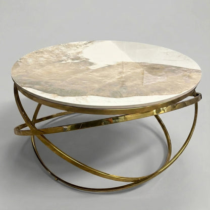 Luxury Stig 80cm Gold Round Coffee Table With Cream Sintered Stone Top