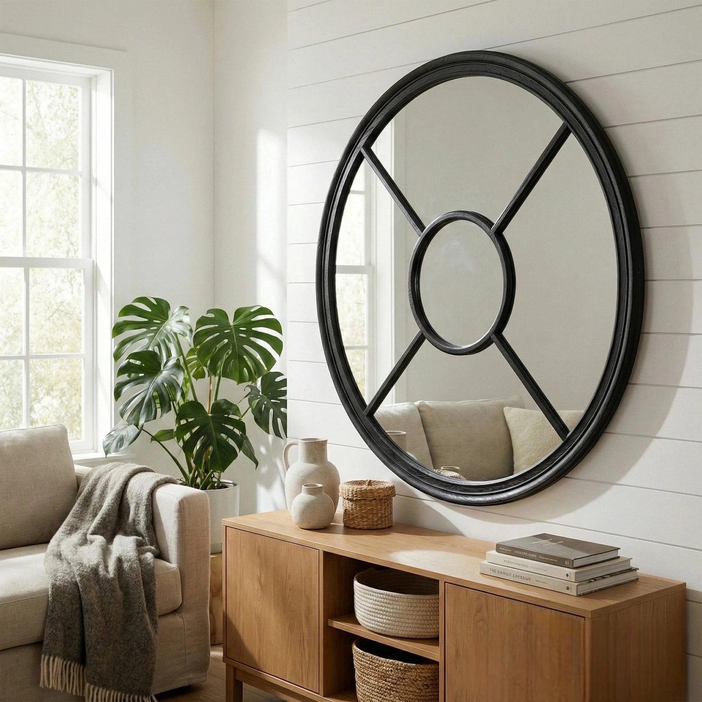 Luxury Torin 100cm Black Wood Round Architectural Window Wall Mirror