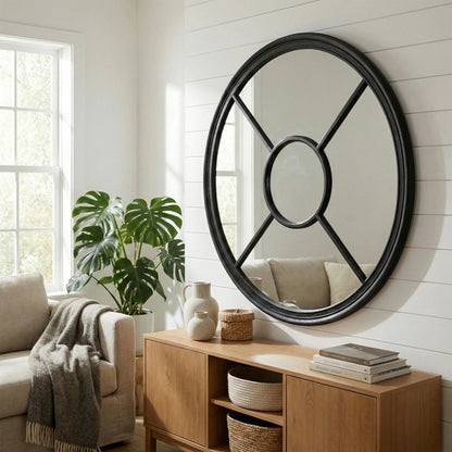 Luxury Torin 100cm Black Wood Round Architectural Window Wall Mirror
