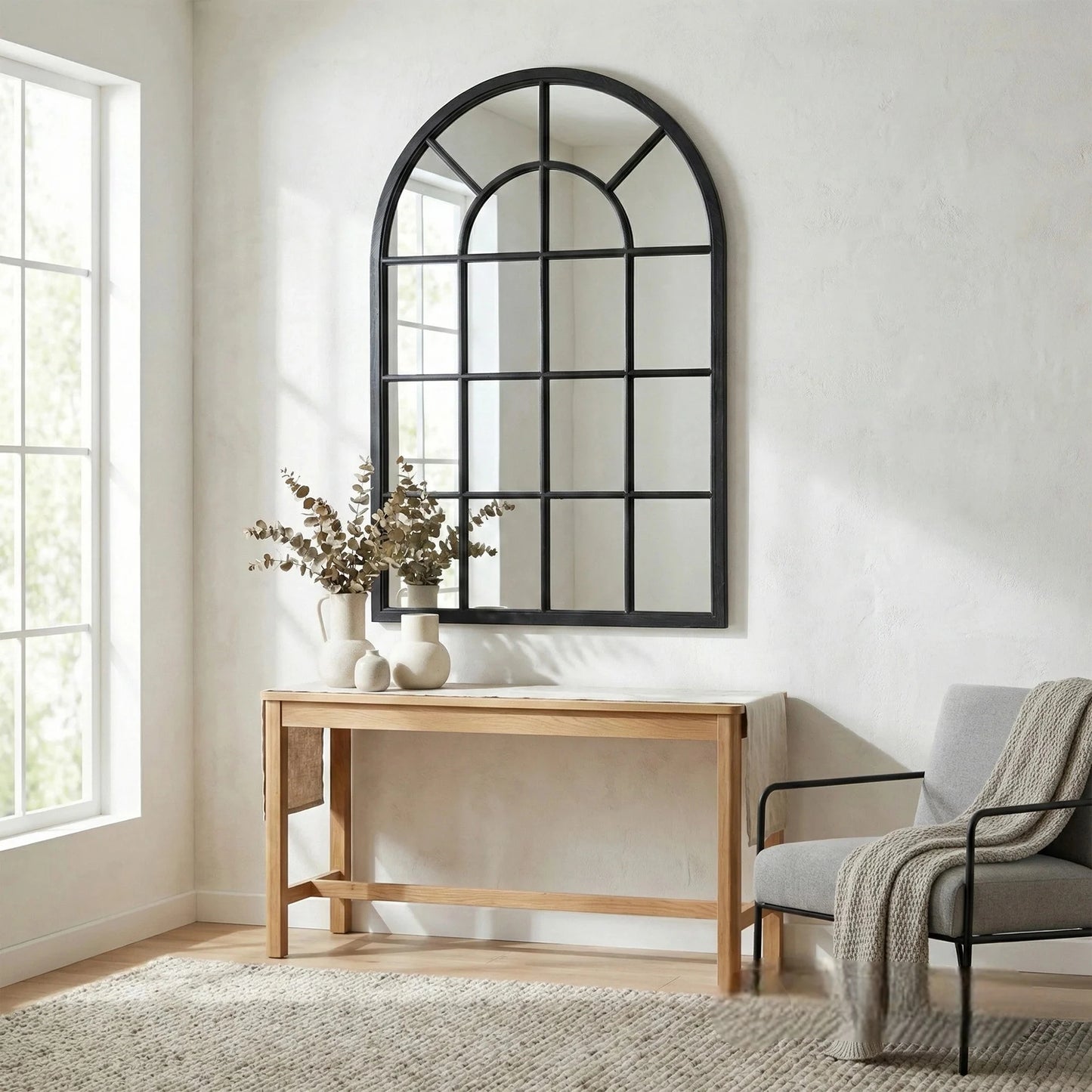 Luxury Torin 135cm Black Wood Arched Window Wall Mirror
