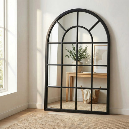 Luxury Torin 135cm Black Wood Arched Window Wall Mirror