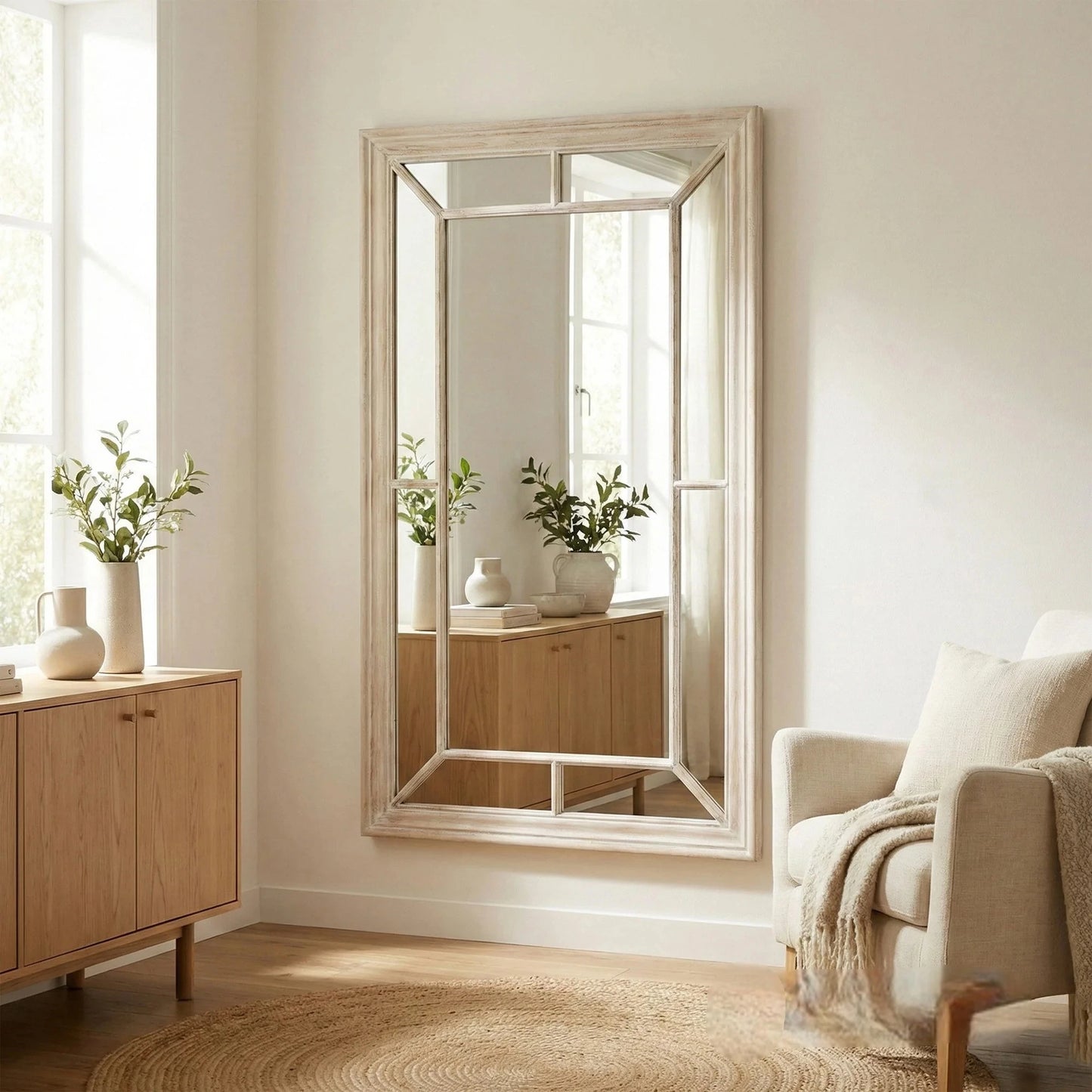 Luxury Torin 150cm Medium Washed Wood Architectural Window Wall Mirror
