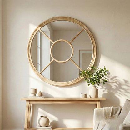Luxury Torin 100cm Round Washed Wood Architectural Window Wall Mirror