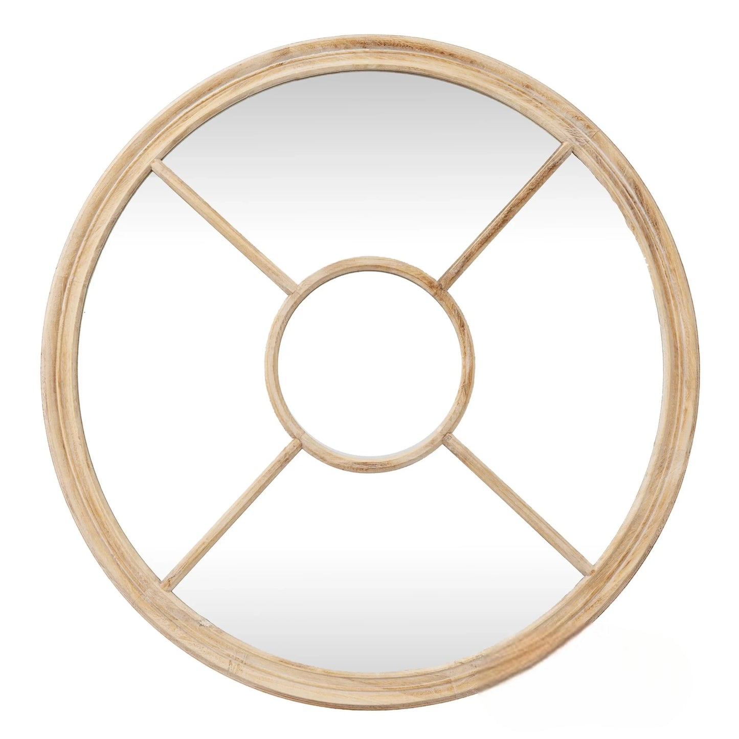 Luxury Torin 100cm Round Washed Wood Architectural Window Wall Mirror