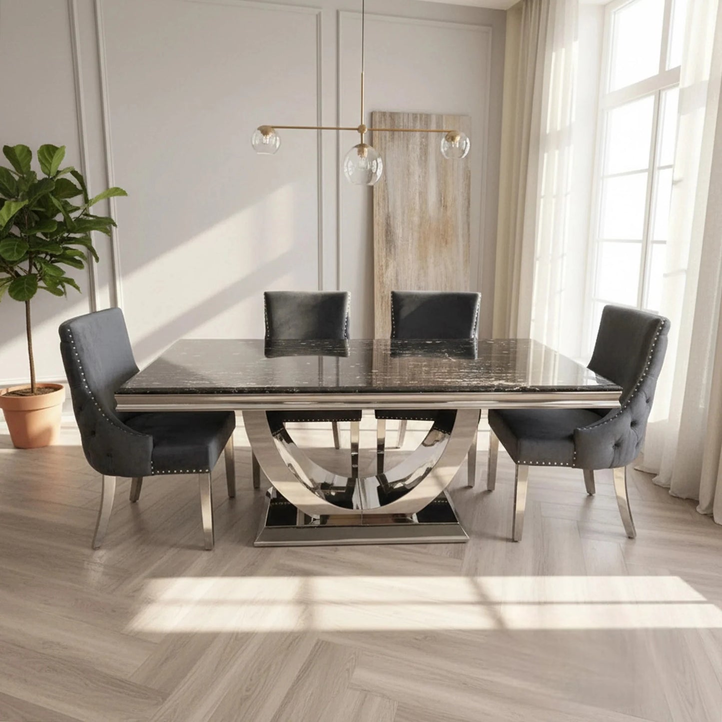 Luxury Urban 1.8m Black & Gold Marble Dining Set Chrome U-Base Table With Oskar Dark Grey Velvet Chairs