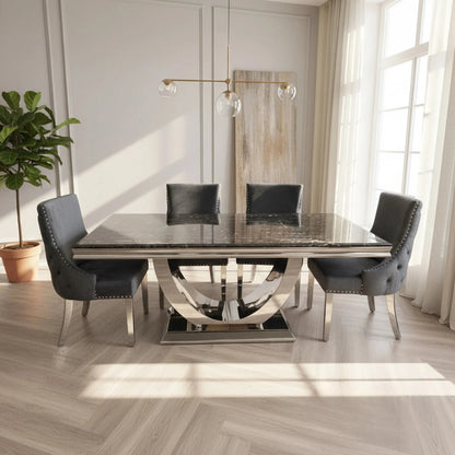 Luxury Urban 1.8m Black & Gold Marble Dining Set Chrome U-Base Table With Oskar Dark Grey Velvet Chairs