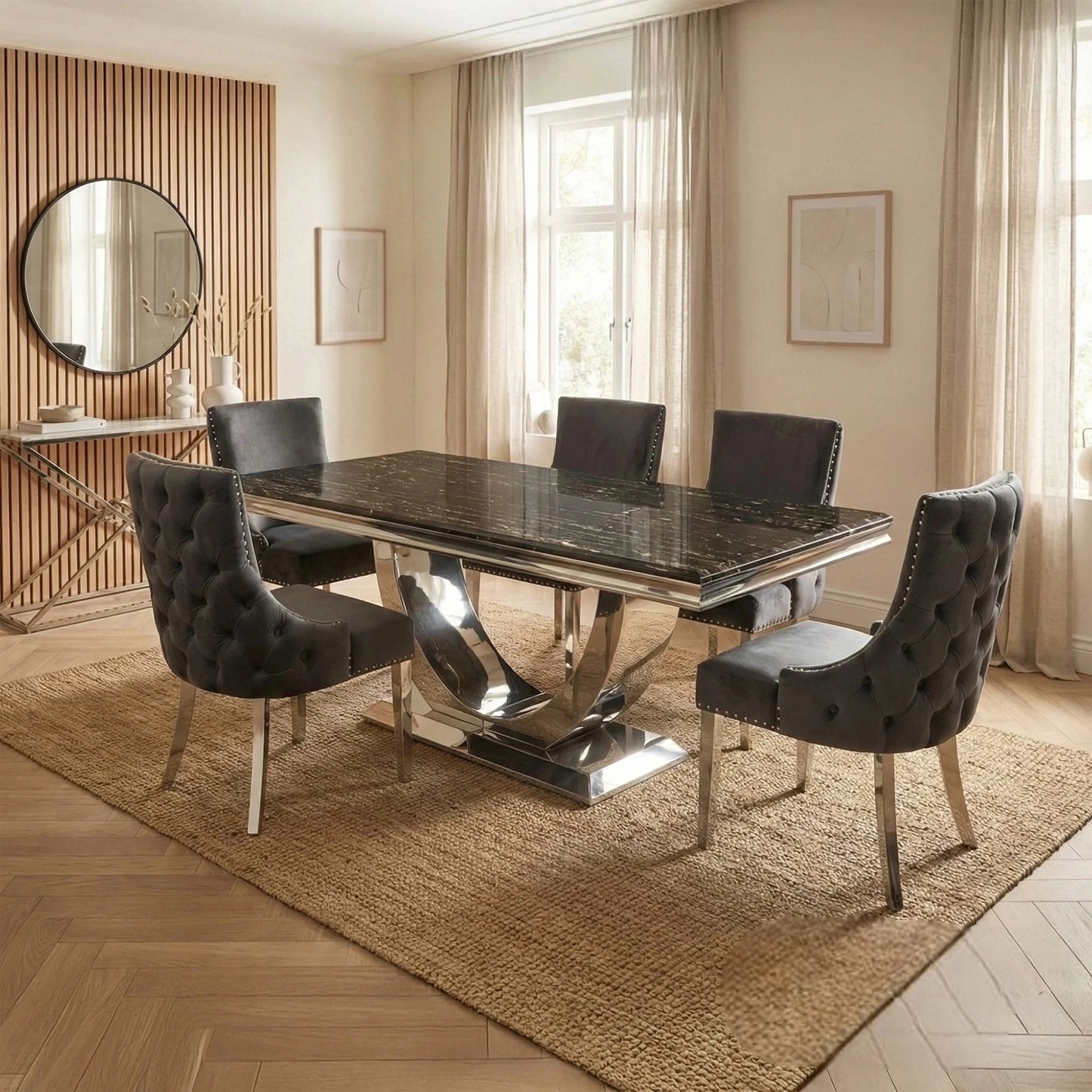 Luxury Urban 1.8m Black & Gold Marble Dining Set Chrome U-Base Table With Oskar Dark Grey Velvet Chairs