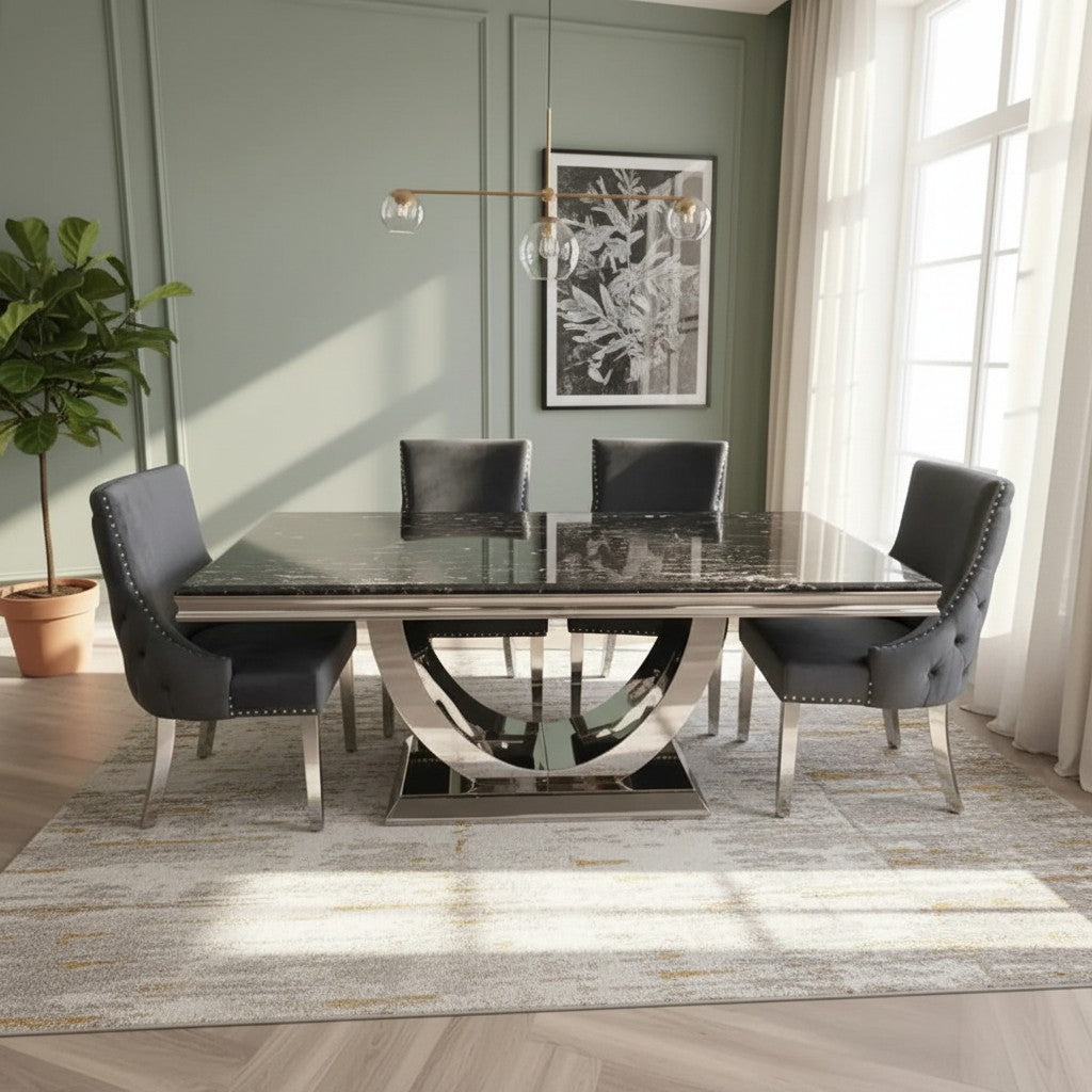 Luxury Urban 1.8m Black & Gold Marble Dining Set Chrome U-Base Table With Oskar Dark Grey Velvet Chairs