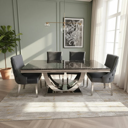 Luxury Urban 1.8m Black & Gold Marble Dining Set Chrome U-Base Table With Oskar Dark Grey Velvet Chairs