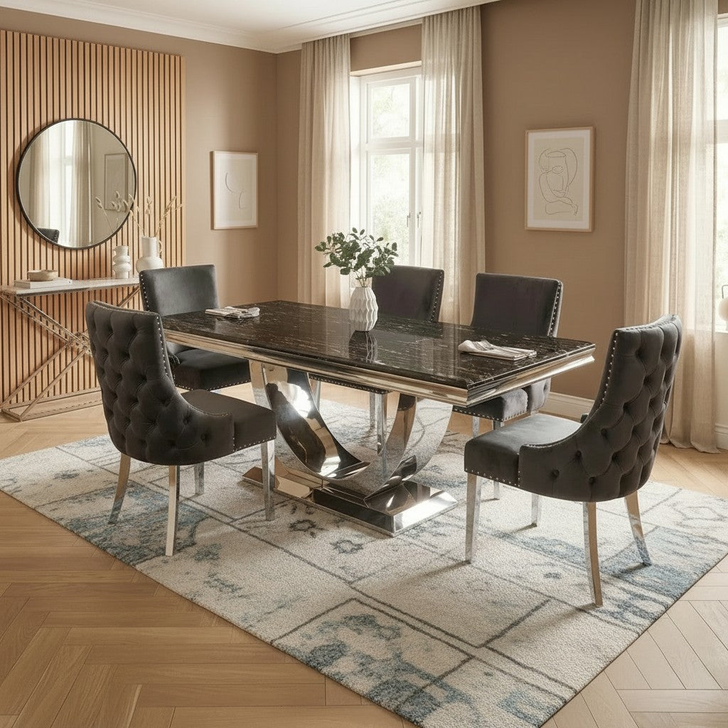 Luxury Urban 1.8m Black & Gold Marble Dining Set Chrome U-Base Table With Oskar Dark Grey Velvet Chairs