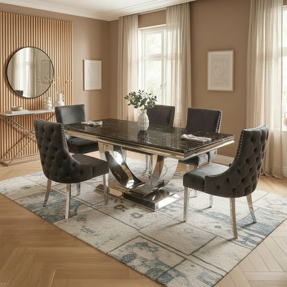 Luxury Urban 1.8m Black & Gold Marble Dining Set Chrome U-Base Table With Oskar Dark Grey Velvet Chairs