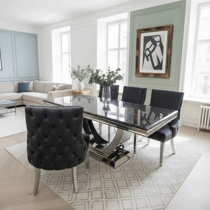 Luxury Urban 1.8m Black & Gold Marble Dining Set Chrome U-Base Table With Oskar Dark Grey Velvet Chairs