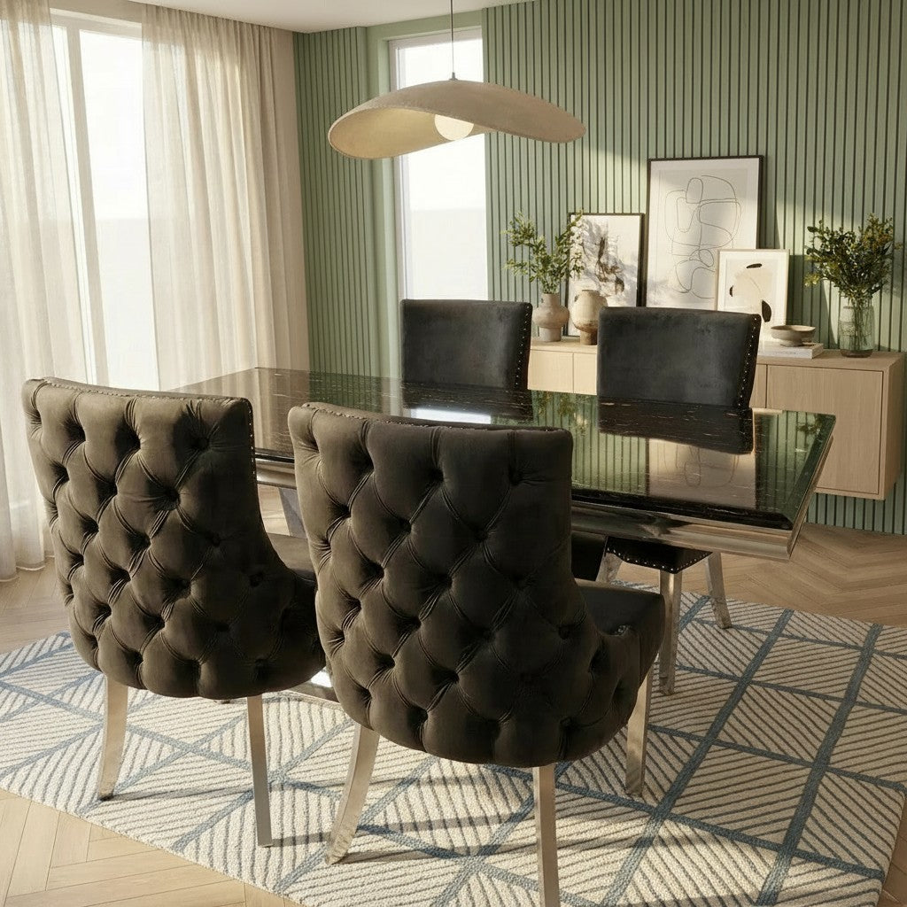 Luxury Urban 1.8m Black & Gold Marble Dining Set Chrome U-Base Table With Oskar Dark Grey Velvet Chairs