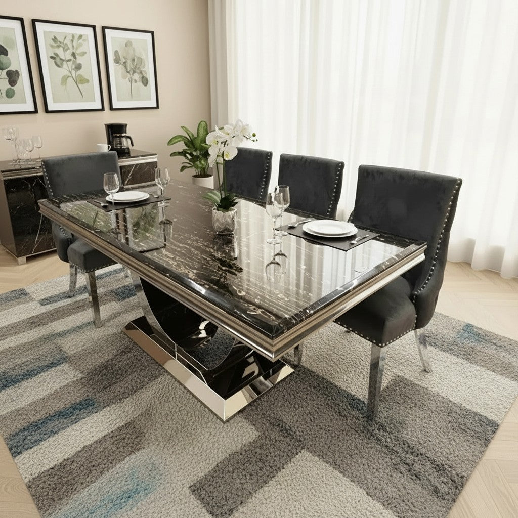 Luxury Urban 1.8m Black & Gold Marble Dining Set Chrome U-Base Table With Oskar Dark Grey Velvet Chairs