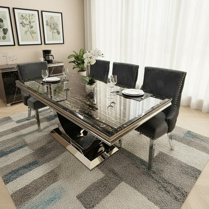 Luxury Urban 1.8m Black & Gold Marble Dining Set Chrome U-Base Table With Oskar Dark Grey Velvet Chairs