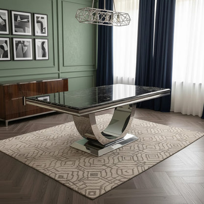 Luxury Urban 1.8m Black & Gold Marble Dining Set Chrome U-Base Table With Oskar Dark Grey Velvet Chairs