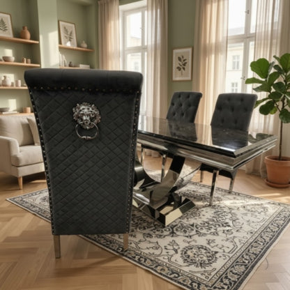 Luxury Urban 1.8m Black & Gold Marble Dining Set Chrome U Base Table With Einar Grey Velvet Chairs