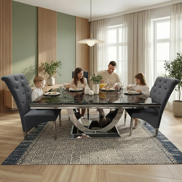 Luxury Urban 1.8m Black & Gold Marble Dining Set Chrome U Base Table With Einar Grey Velvet Chairs