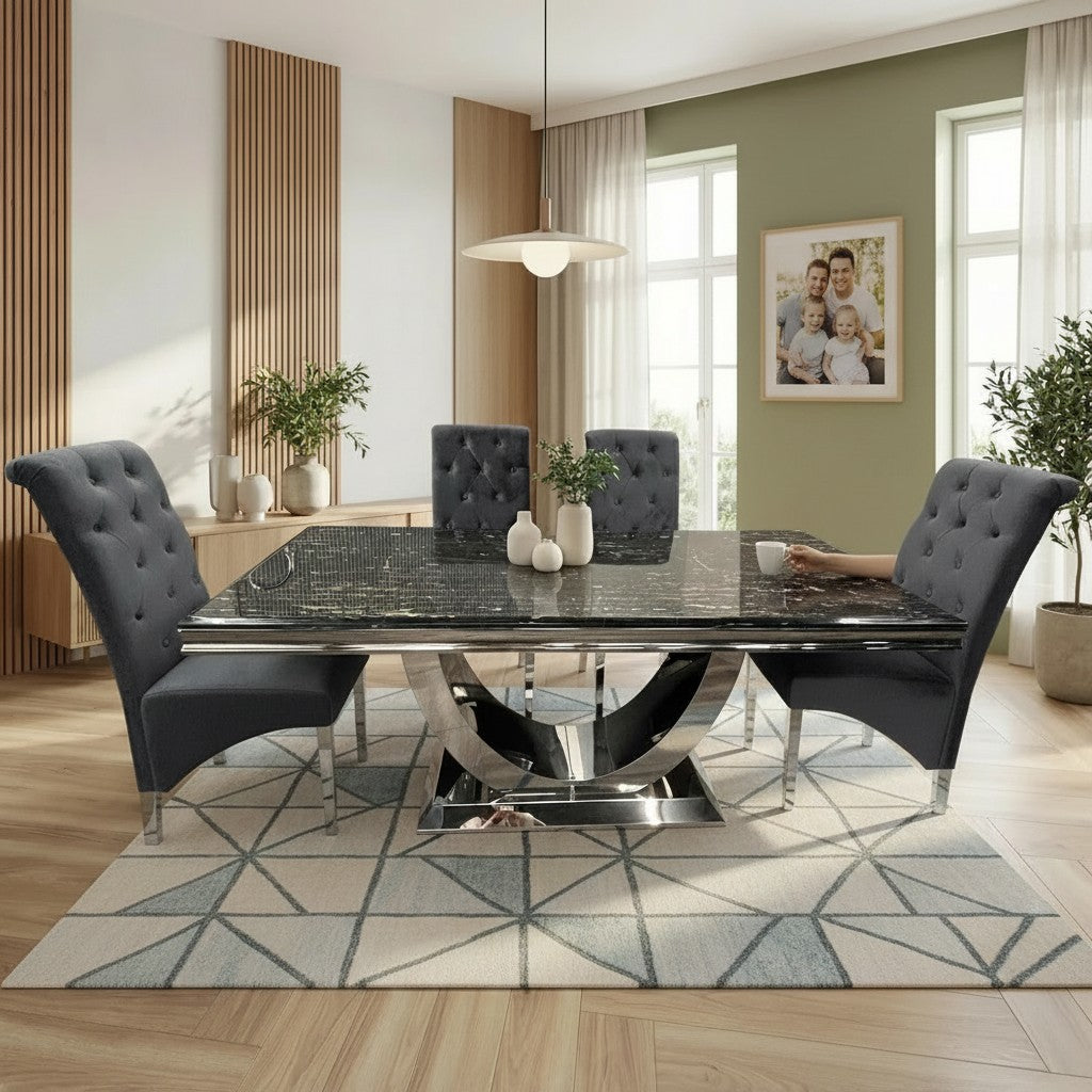 Luxury Urban 1.8m Black & Gold Marble Dining Set Chrome U Base Table With Einar Grey Velvet Chairs