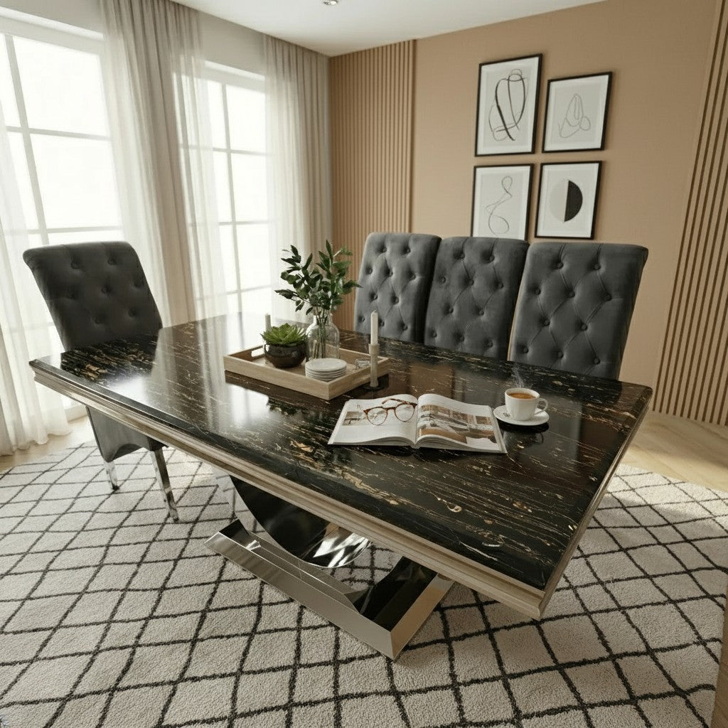 Luxury Urban 1.8m Black & Gold Marble Dining Set Chrome U Base Table With Einar Grey Velvet Chairs