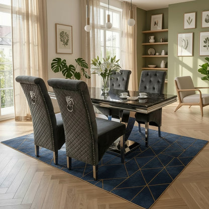 Luxury Urban 1.8m Black & Gold Marble Dining Set Chrome U Base Table With Einar Grey Velvet Chairs