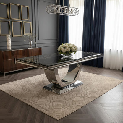 Luxury Urban 1.8m Black & Gold Marble Dining Set Chrome U Base Table With Einar Grey Velvet Chairs