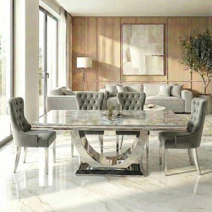 Luxury Urban 1.8m Light Grey Chrome U Base Marble Dining Set With Megan Dark Grey Velvet Chairs
