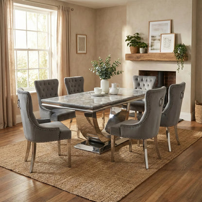 Luxury Urban 1.8m Light Grey Chrome U Base Marble Dining Set With Megan Dark Grey Velvet Chairs
