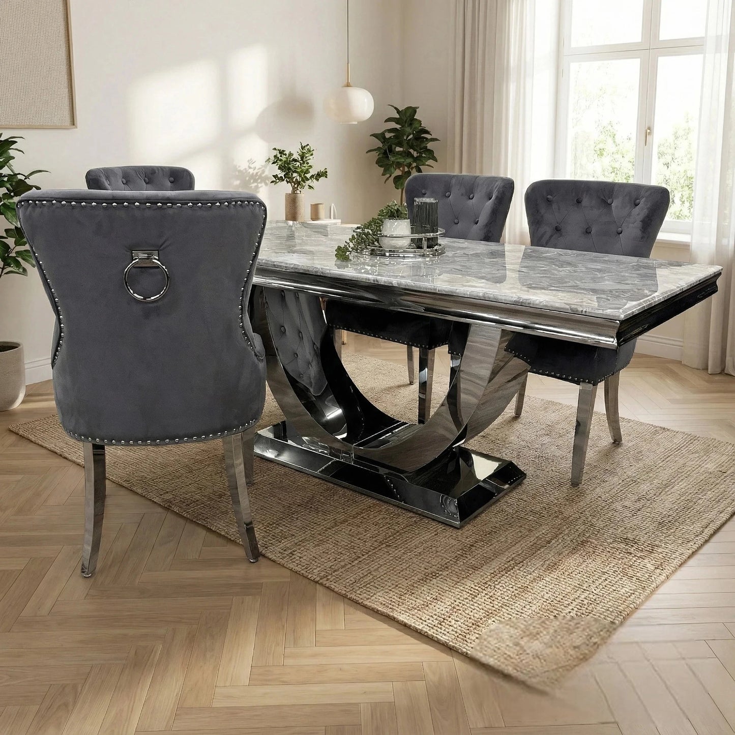 Luxury Urban 1.8m Light Grey Chrome U Base Marble Dining Set With Megan Dark Grey Velvet Chairs