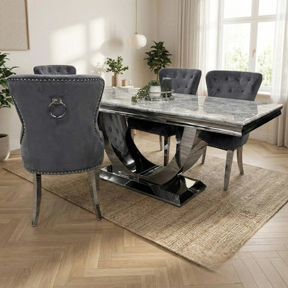 Luxury Urban 1.8m Light Grey Chrome U Base Marble Dining Set With Megan Dark Grey Velvet Chairs