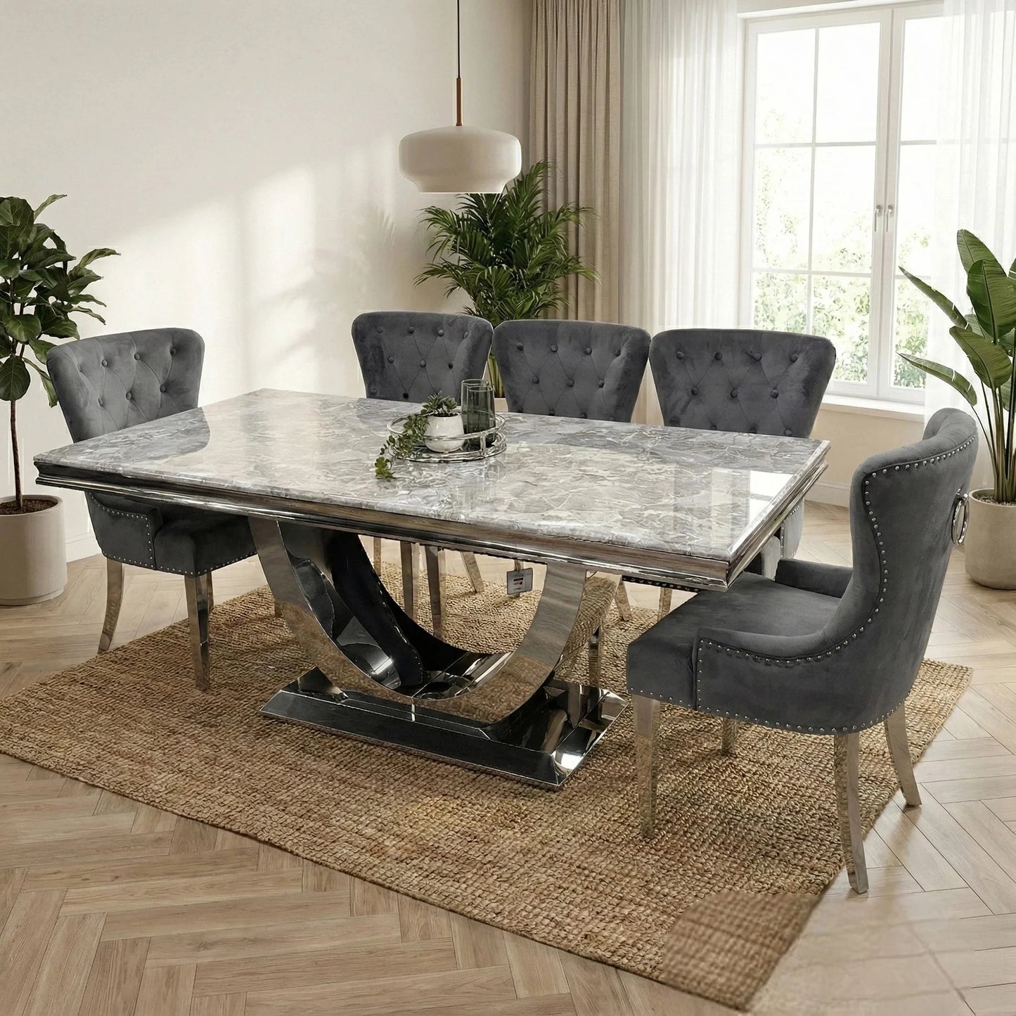 Luxury Urban 1.8m Light Grey Chrome U Base Marble Dining Set With Megan Dark Grey Velvet Chairs