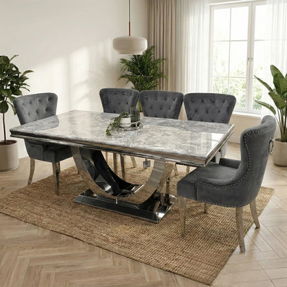Luxury Urban 1.8m Light Grey Chrome U Base Marble Dining Set With Megan Dark Grey Velvet Chairs