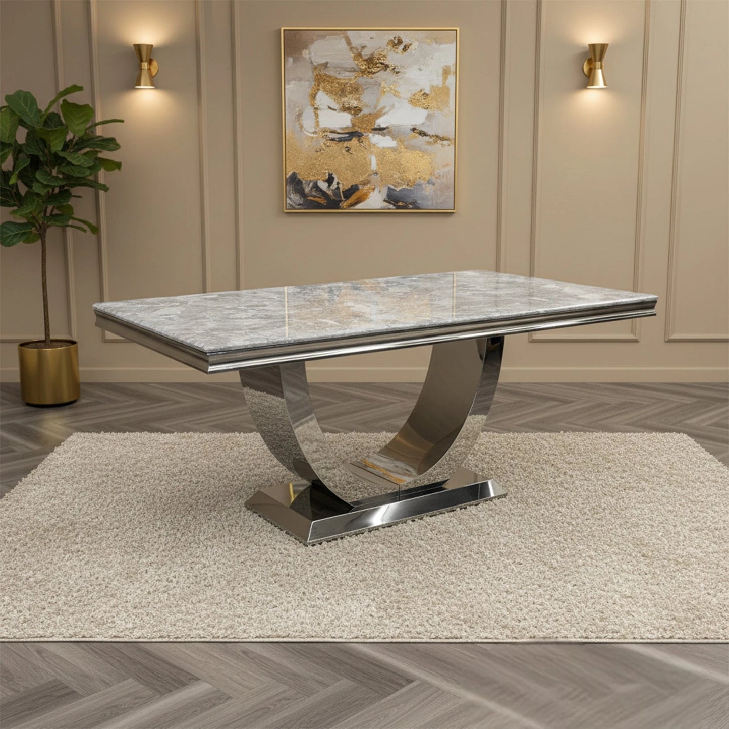 Luxury Urban 1.8m Light Grey Chrome U Base Marble Dining Set With Megan Dark Grey Velvet Chairs