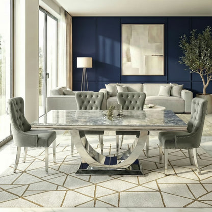 Luxury Urban 1.8m Light Grey Chrome U Base Marble Dining Set With Megan Dark Grey Velvet Chairs