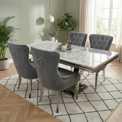 Luxury Urban 1.8m Light Grey Chrome U Base Marble Dining Set With Megan Dark Grey Velvet Chairs