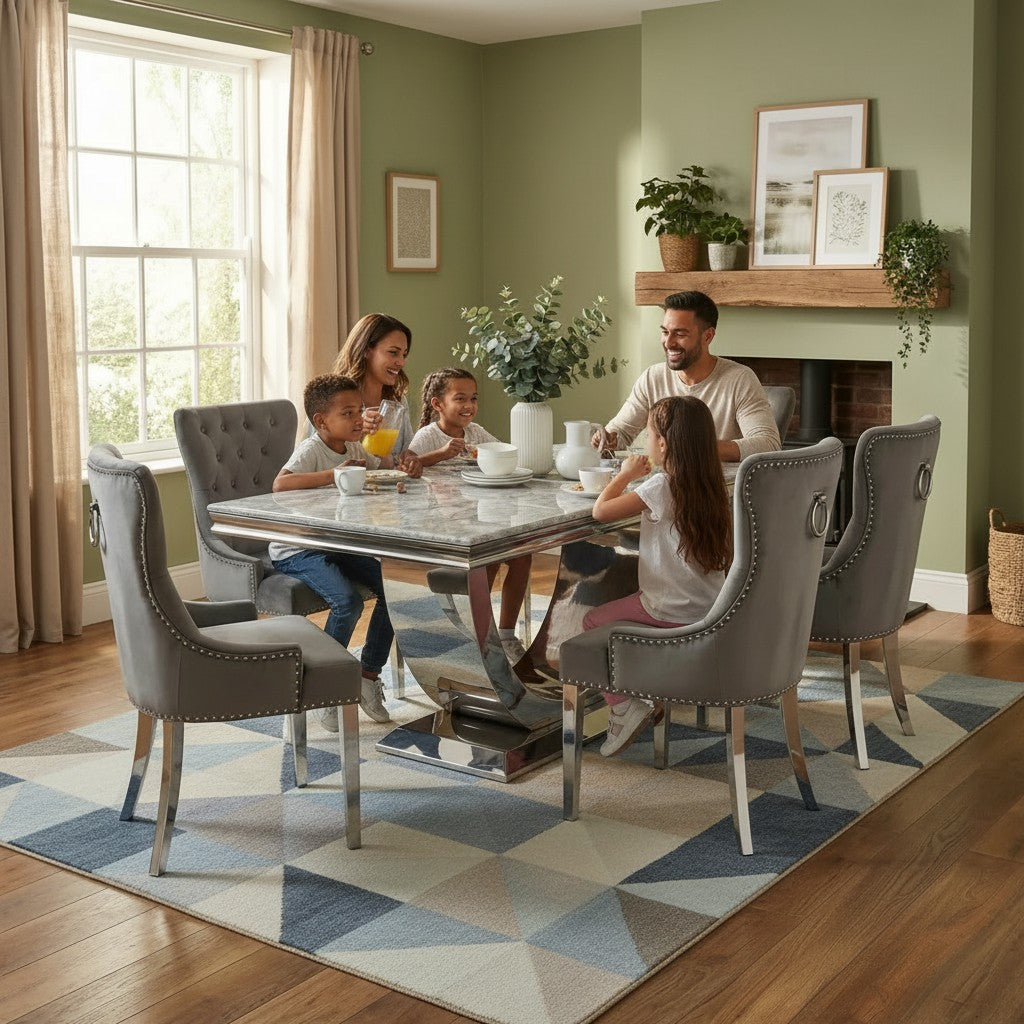 Luxury Urban 1.8m Light Grey Chrome U Base Marble Dining Set With Megan Dark Grey Velvet Chairs
