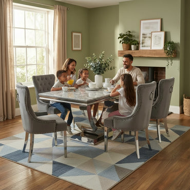 Luxury Urban 1.8m Light Grey Chrome U Base Marble Dining Set With Megan Dark Grey Velvet Chairs