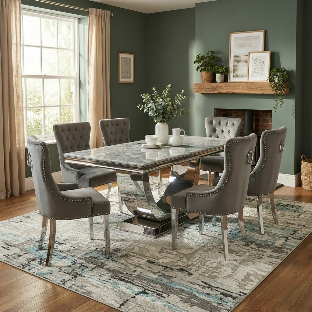 Luxury Urban 1.8m Light Grey Chrome U Base Marble Dining Set With Megan Dark Grey Velvet Chairs