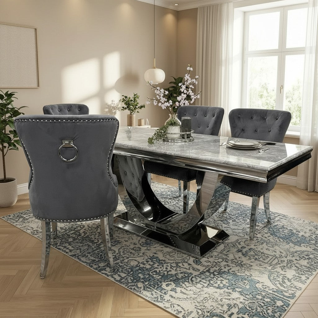 Luxury Urban 1.8m Light Grey Chrome U Base Marble Dining Set With Megan Dark Grey Velvet Chairs