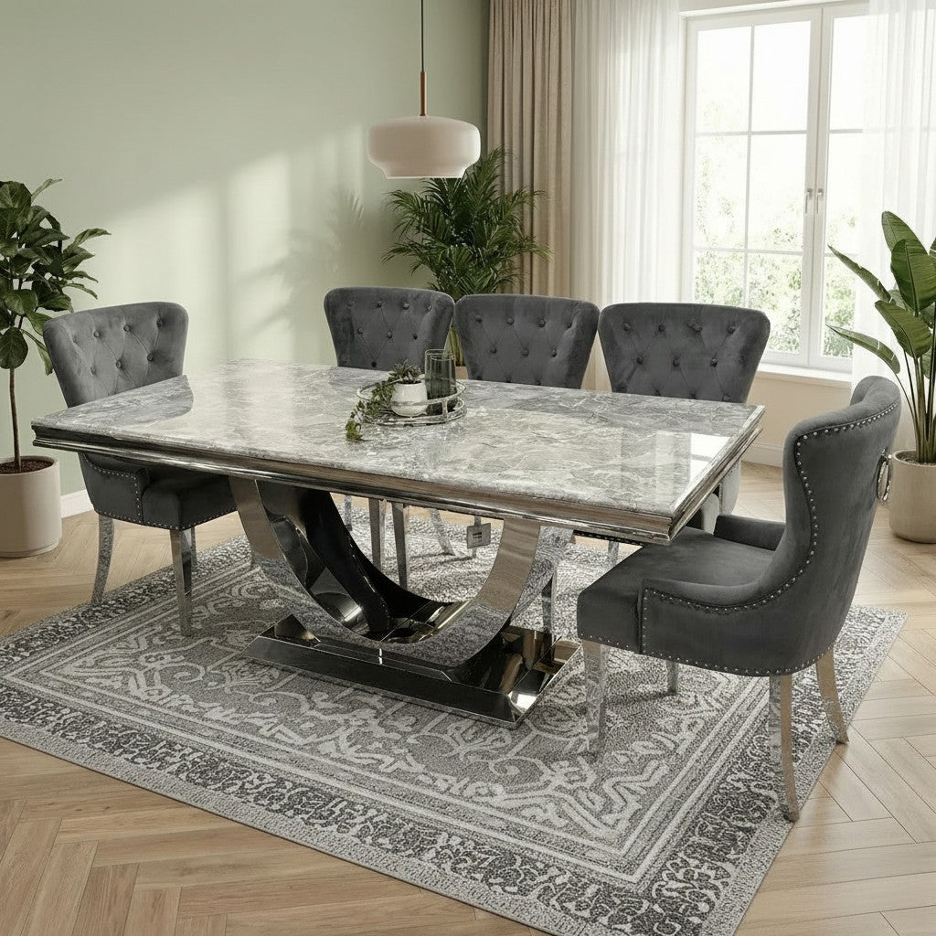 Luxury Urban 1.8m Light Grey Chrome U Base Marble Dining Set With Megan Dark Grey Velvet Chairs