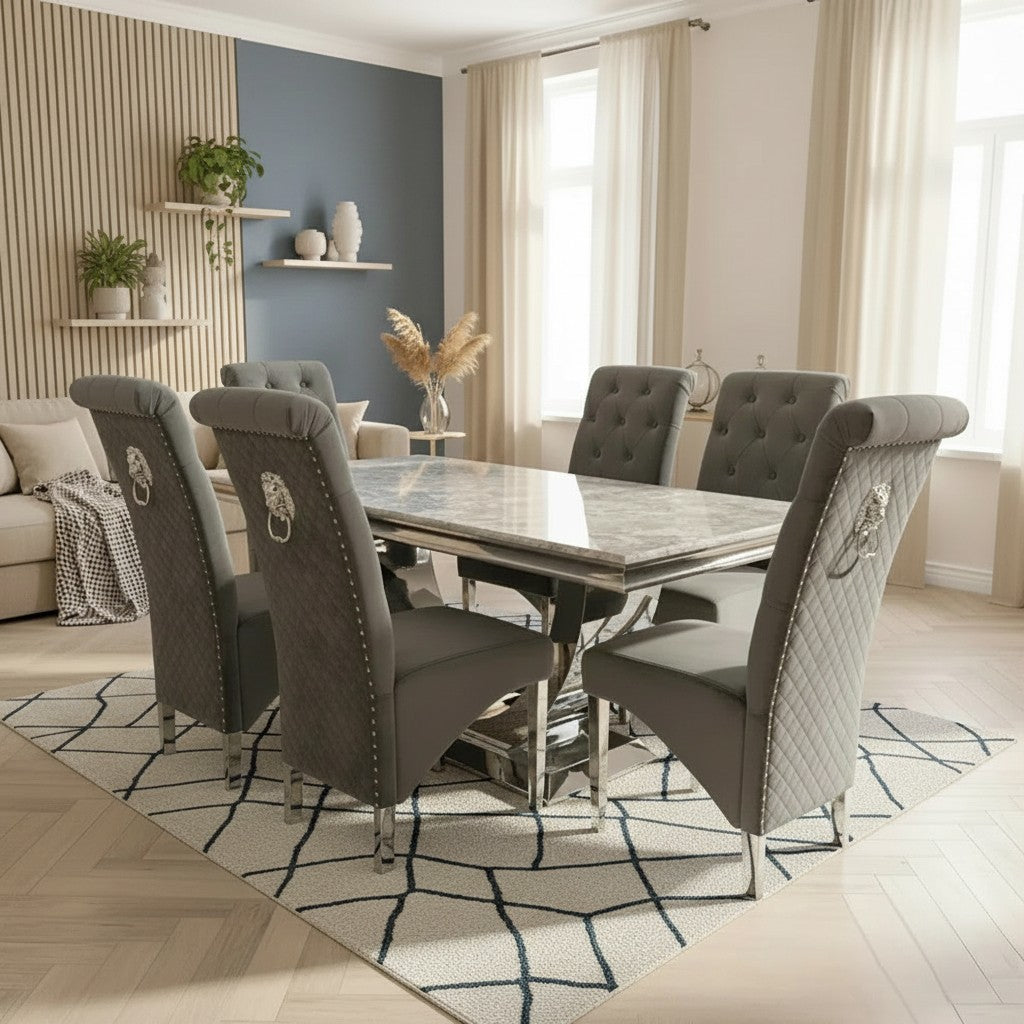 Luxury Urban 1.8m Light Grey Marble Dining Set Chrome U Base Table With Einar Grey Velvet Chairs