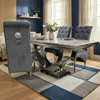 Luxury Urban 1.8m Light Grey Marble Dining Set Chrome U Base Table With Einar Grey Velvet Chairs