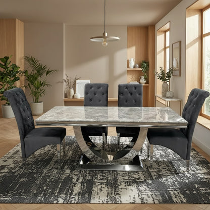 Luxury Urban 1.8m Light Grey Marble Dining Set Chrome U Base Table With Einar Grey Velvet Chairs