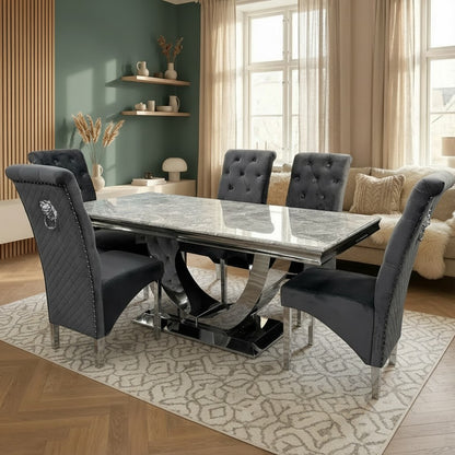 Luxury Urban 1.8m Light Grey Marble Dining Set Chrome U Base Table With Einar Grey Velvet Chairs