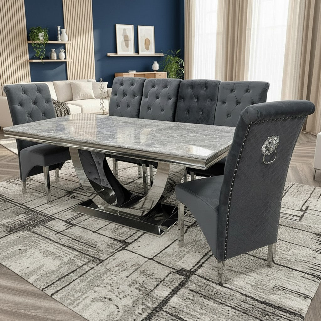 Luxury Urban 1.8m Light Grey Marble Dining Set Chrome U Base Table With Einar Grey Velvet Chairs