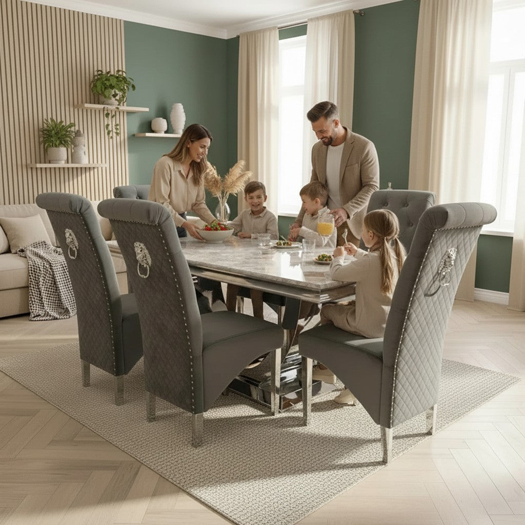 Luxury Urban 1.8m Light Grey Marble Dining Set Chrome U Base Table With Einar Grey Velvet Chairs