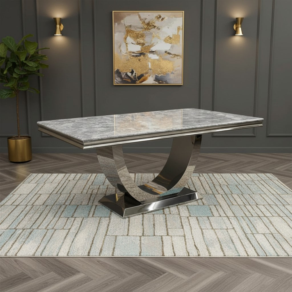 Luxury Urban 1.8m Light Grey Chrome U Base Marble Dining Set With Megan Dark Grey Velvet Chairs
