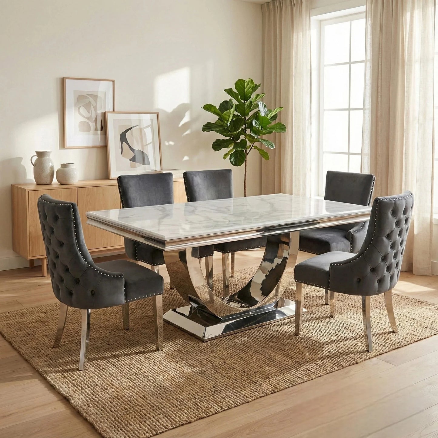 Luxury Urban 1.8m White Marble Dining Set Chrome U-Base Table With Oskar Dark Grey Velvet Chairs